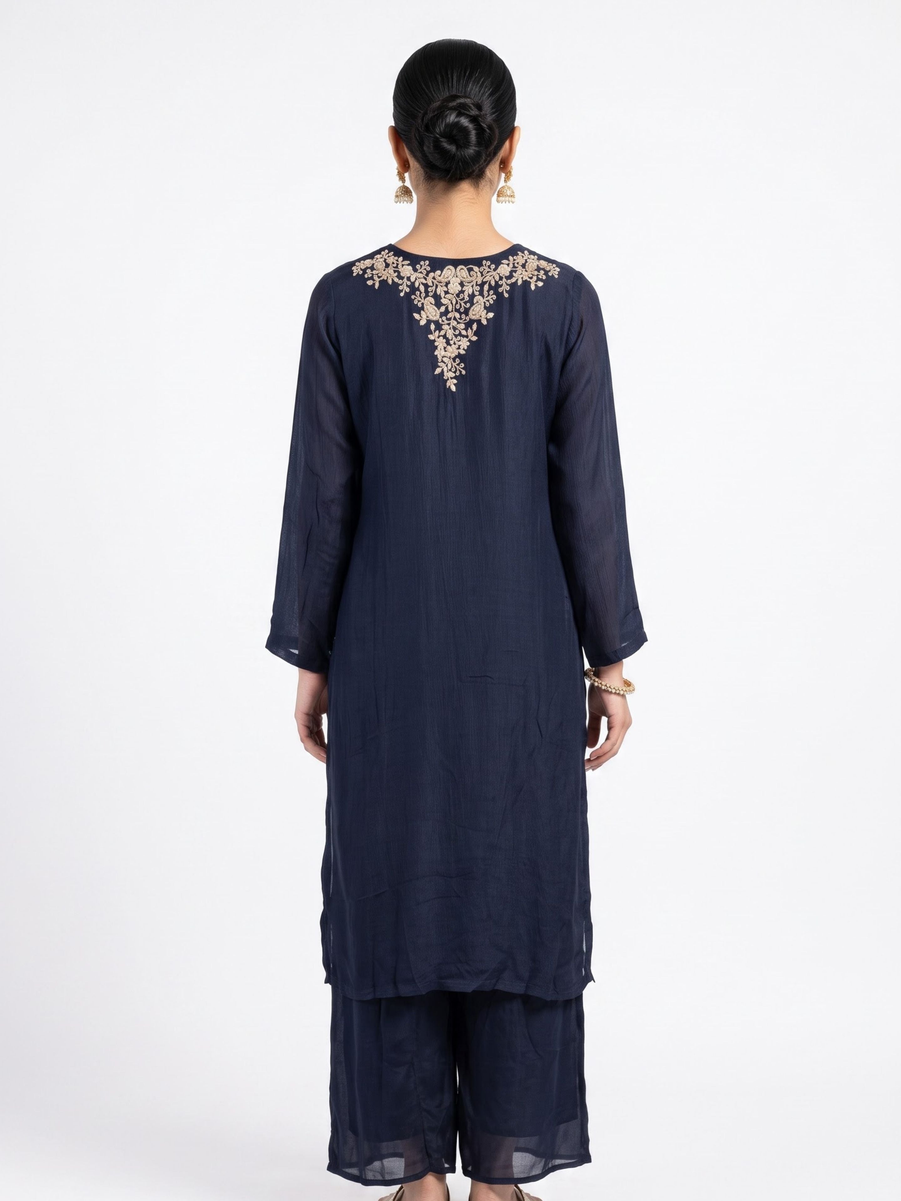 Navy Blue Chinon Shirt, Palazzo, Shrug And Dupatta with Cutdana, Sequins, Pearl and Dabka Embroidery 1